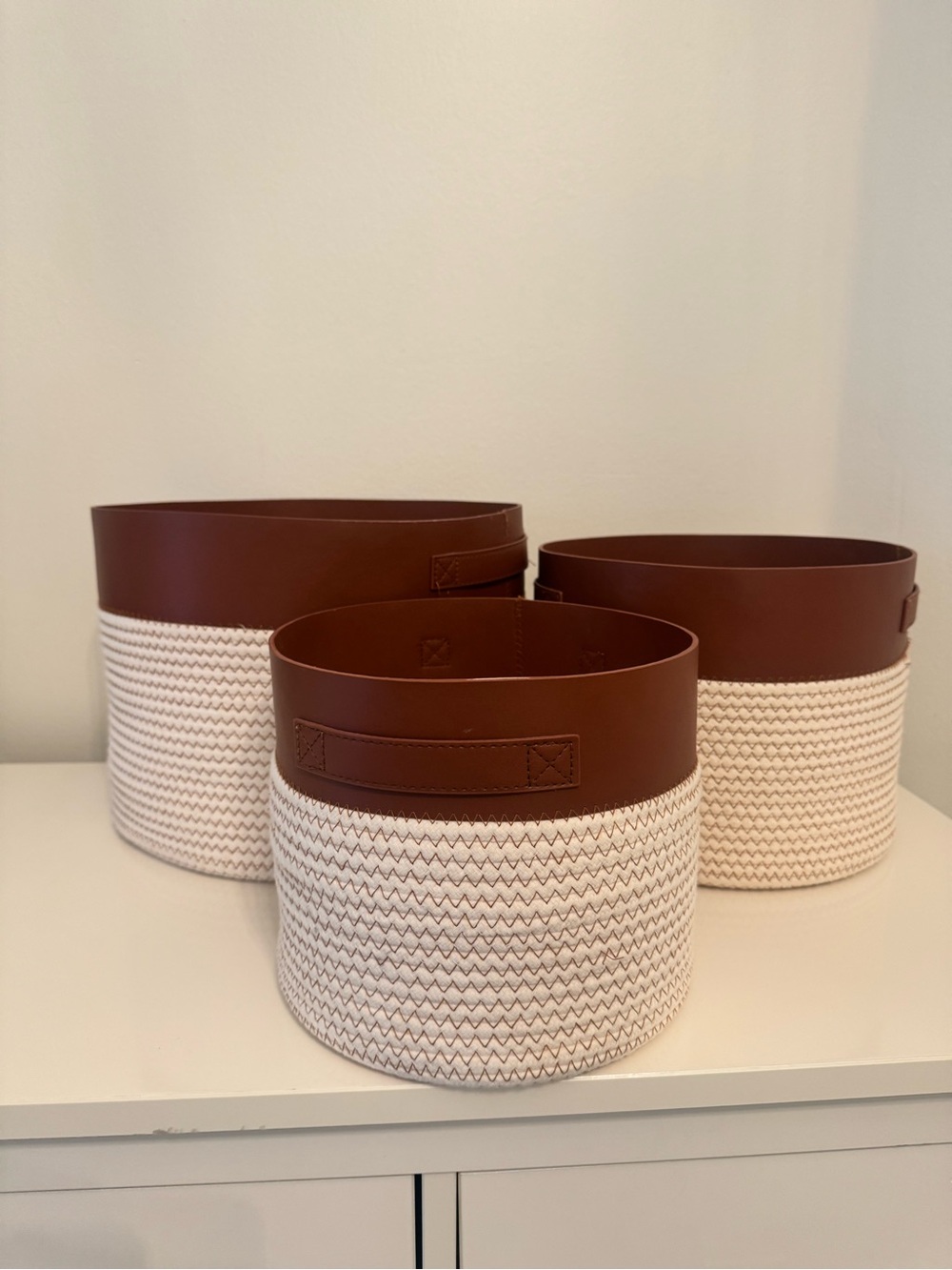 Set of 3 Brown & Cream Woven Rope and Faux Leather Storage Baskets